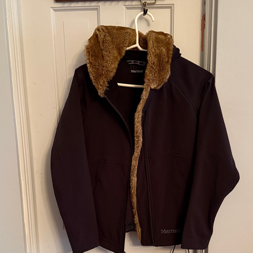 Marmot Dark Jacket with Tan Faux Fur Trim
